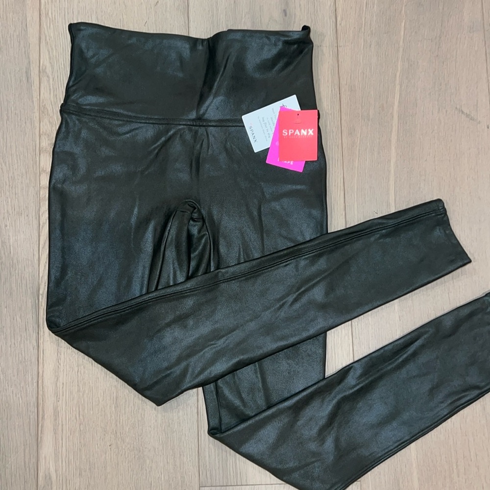 SPANX olive green leather leggings, size medium